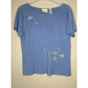 First Issue Blue Knit Sweater with Delicate Floral Embroidery XL Cottagecore VTG